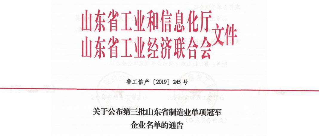 集團榮獲山東省第三屆制造業“單項冠軍”企業榮譽稱號